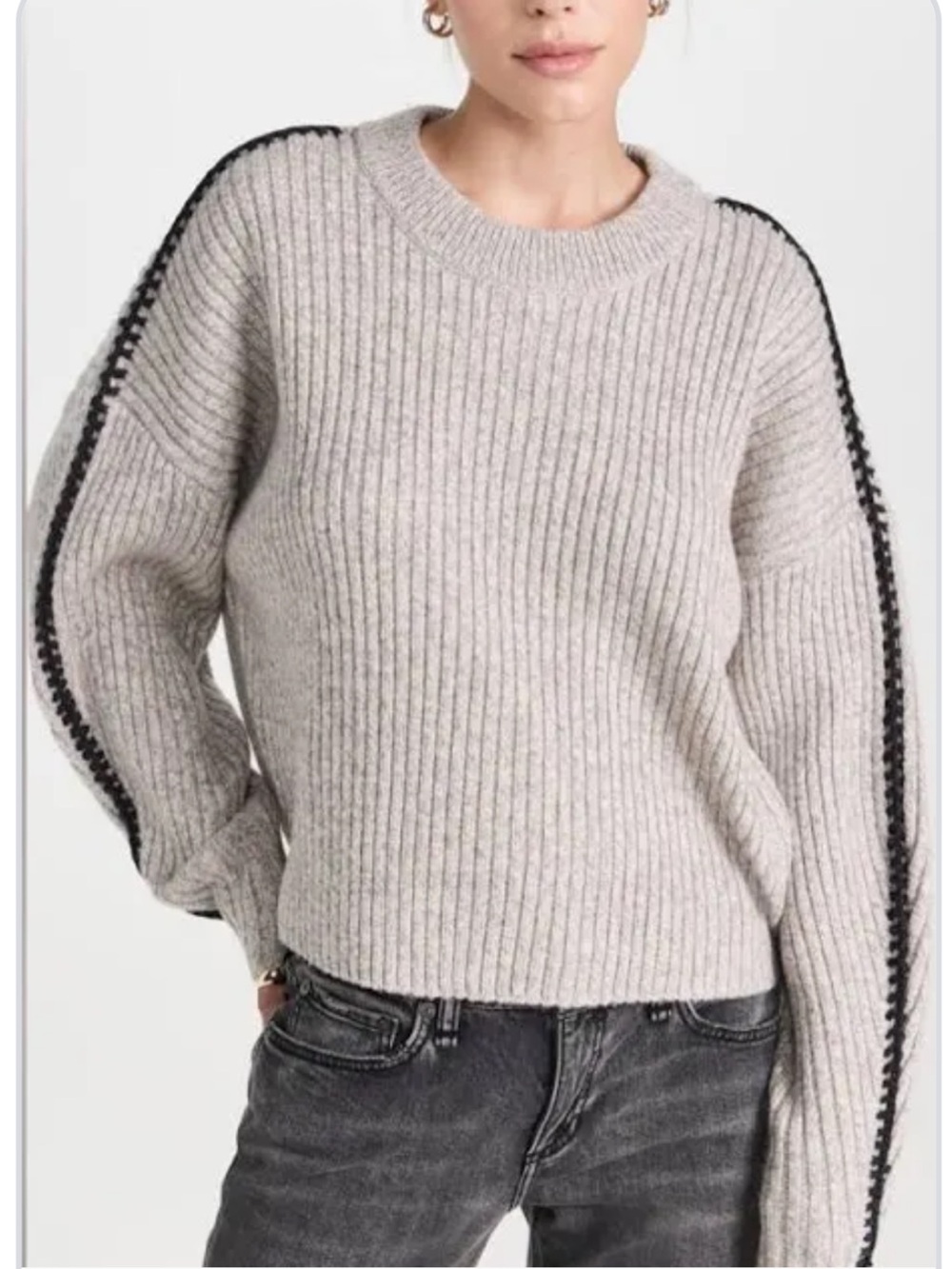 rag & bone Beige Ribbed Cropped Crewneck Sweater with Black Shoulder Stripe